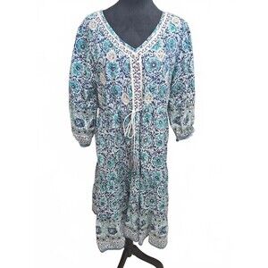 Soft Surroundings Womens Medium Blue Floral Cotton Embroidered Dress